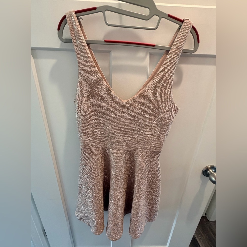 Aeropostale Rose Gold Metallic Shimmer Peplum Dress V-Neck Party Mini Size M